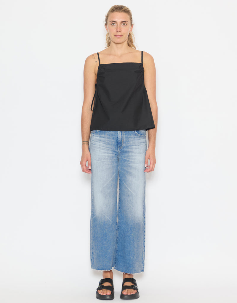 Black Cotton Poplin Gathered Strap Top