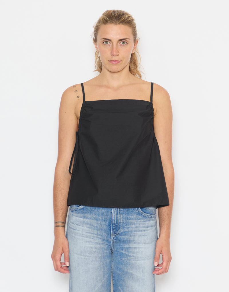 Black Cotton Poplin Gathered Strap Top
