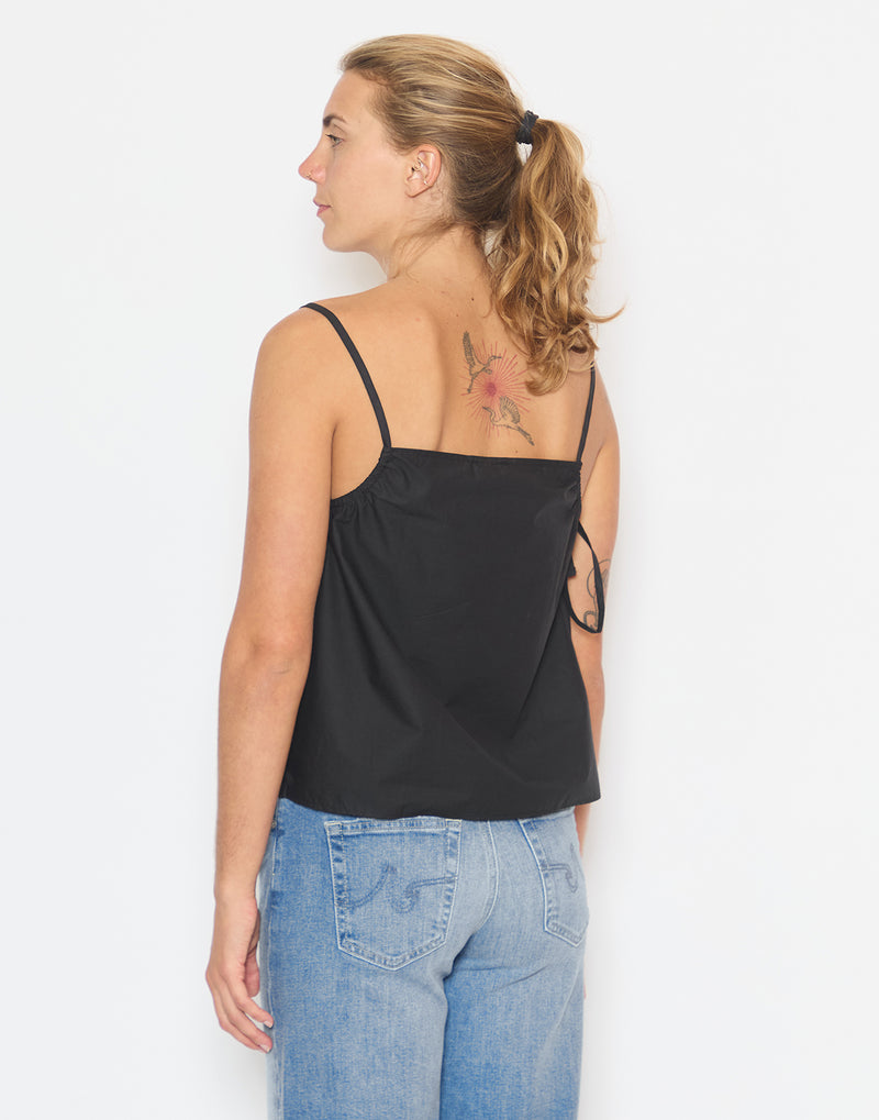 Black Cotton Poplin Gathered Strap Top