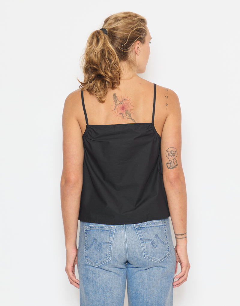 Black Cotton Poplin Gathered Strap Top
