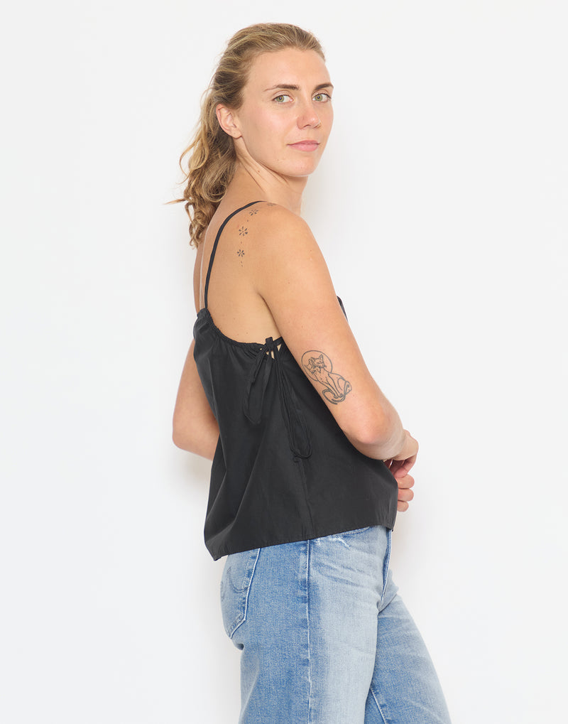 Black Cotton Poplin Gathered Strap Top