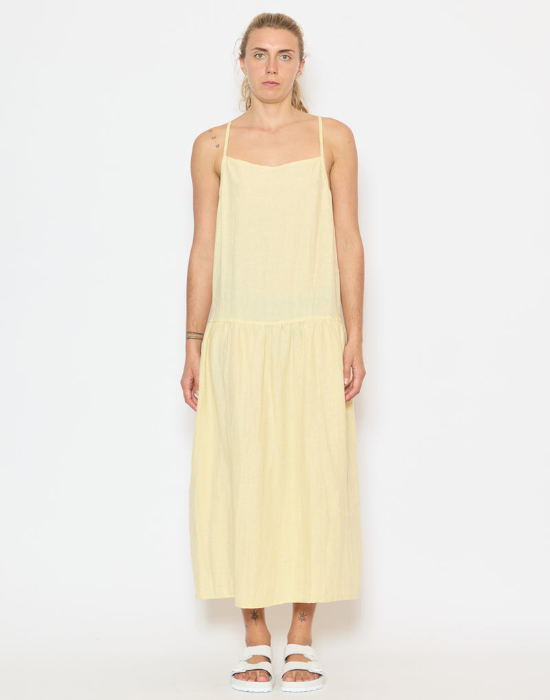 Butter Yellow Linen Gathered Halter Dress