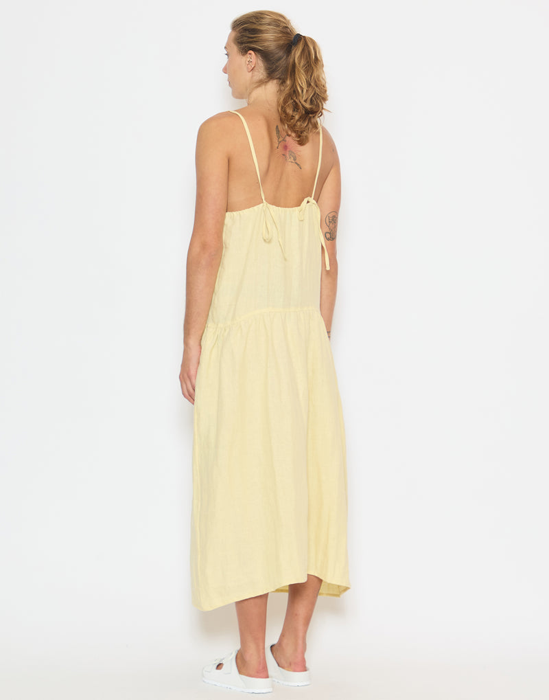 Butter Yellow Linen Gathered Halter Dress