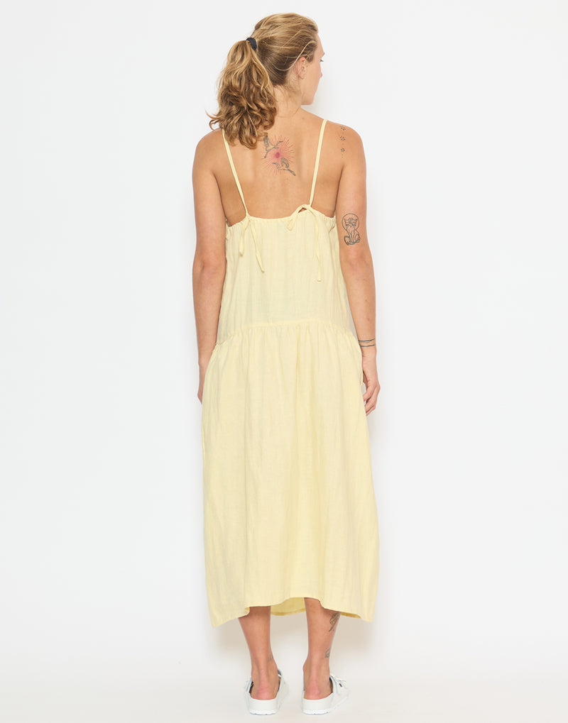 Butter Yellow Linen Gathered Halter Dress