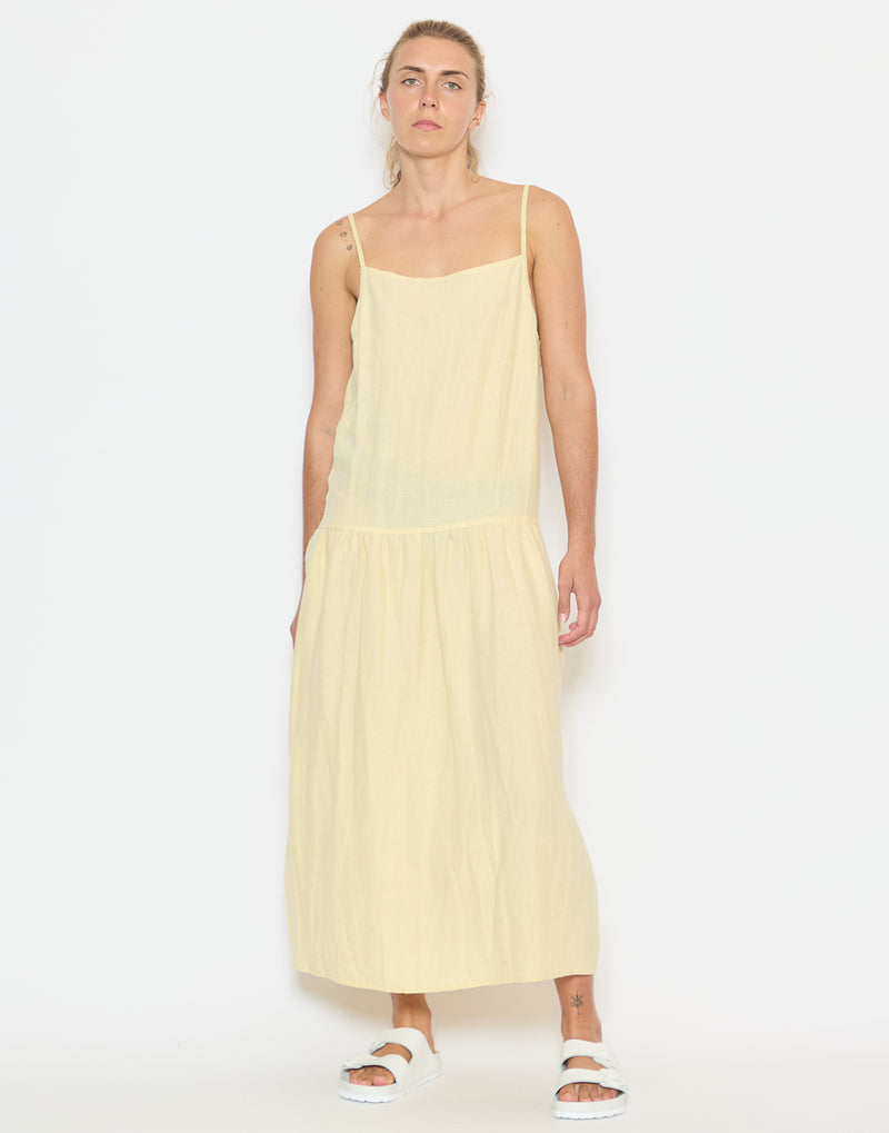 Butter Yellow Linen Gathered Halter Dress