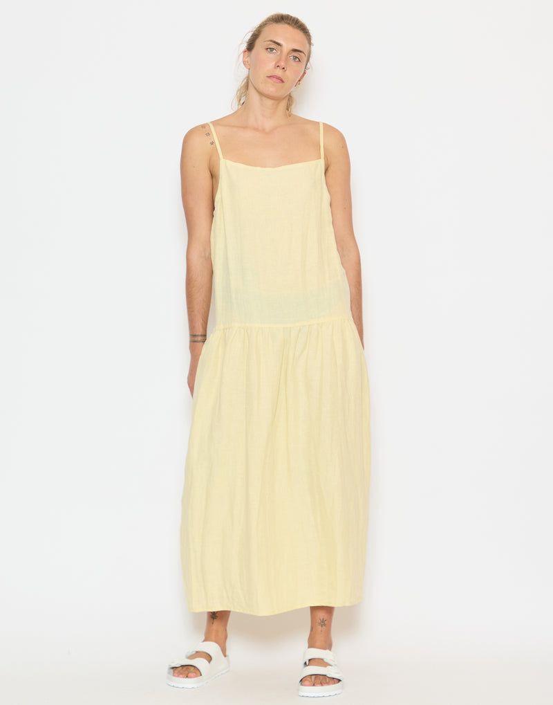 Butter Yellow Linen Gathered Halter Dress