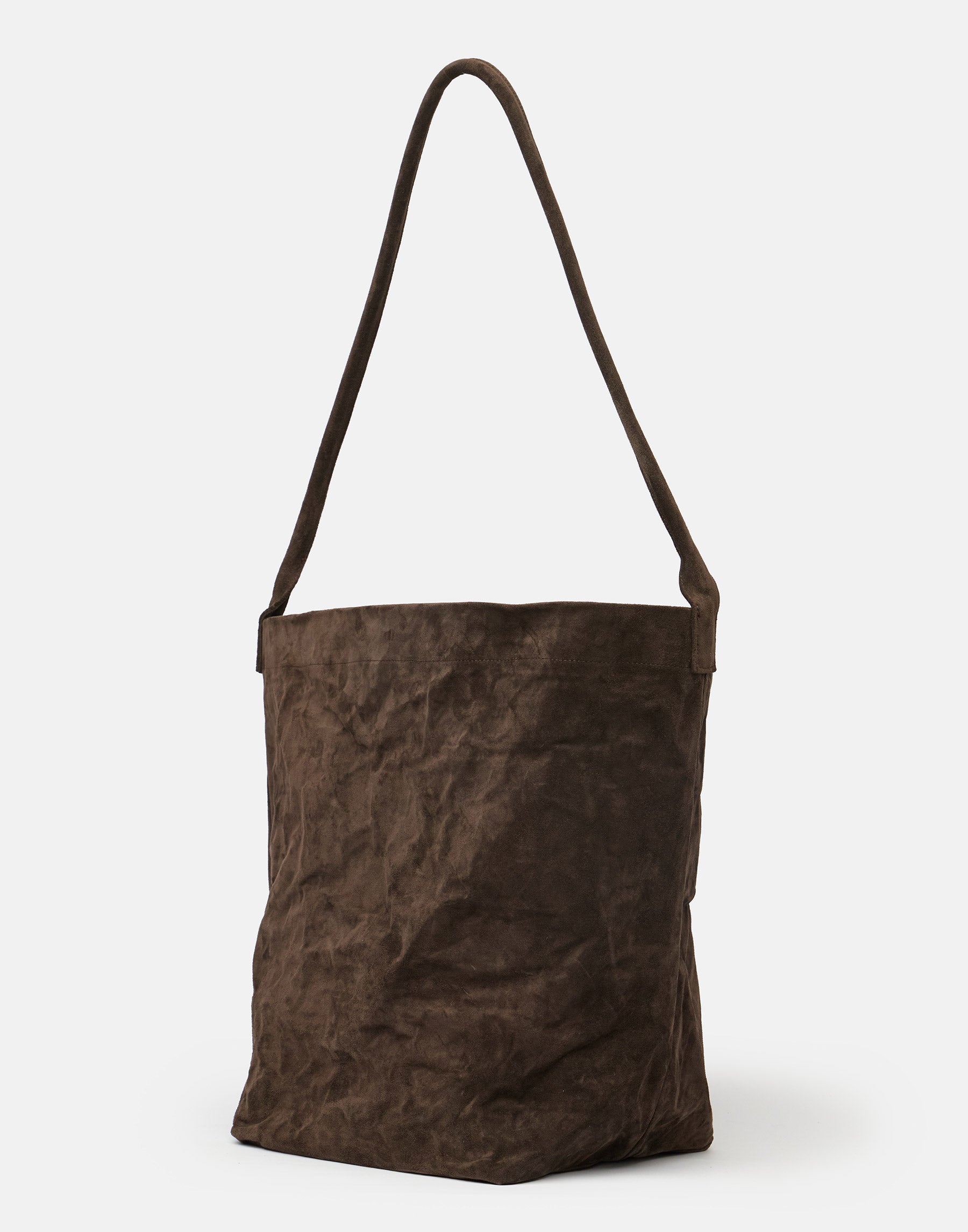 Dark Brown Suede Leather Big Tube Bag - Long Handle