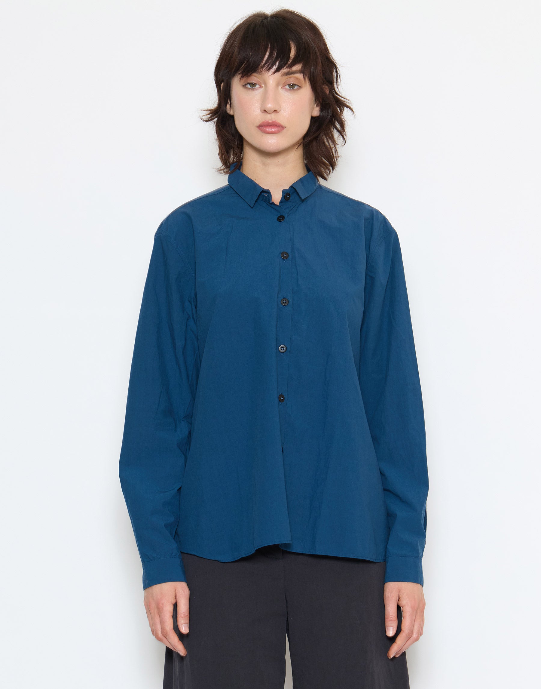 Deep Blue Cotton Loose Tyrol Shirt