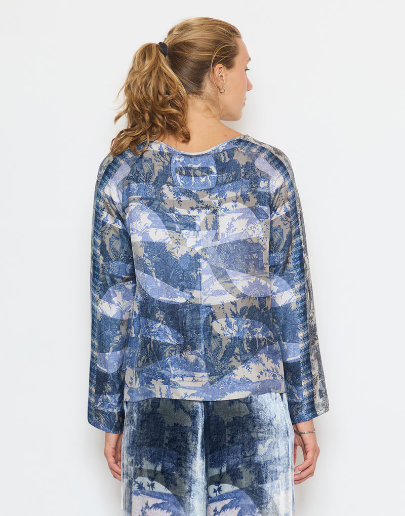 Blue Print Silk Long Sleeve Blouse