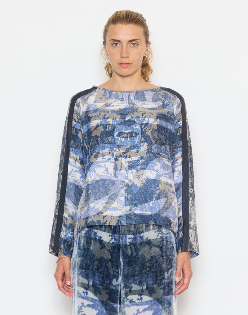 Blue Print Silk Long Sleeve Blouse
