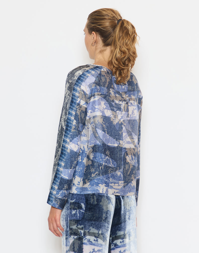 Blue Print Silk Long Sleeve Blouse