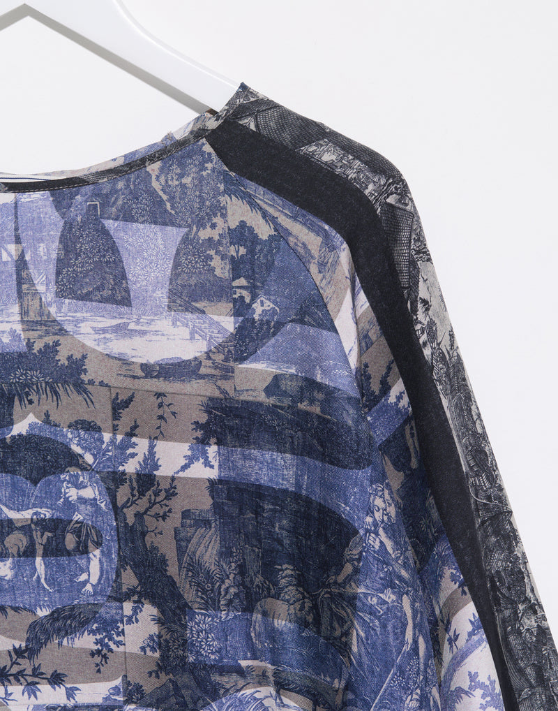 Blue Print Silk Long Sleeve Blouse