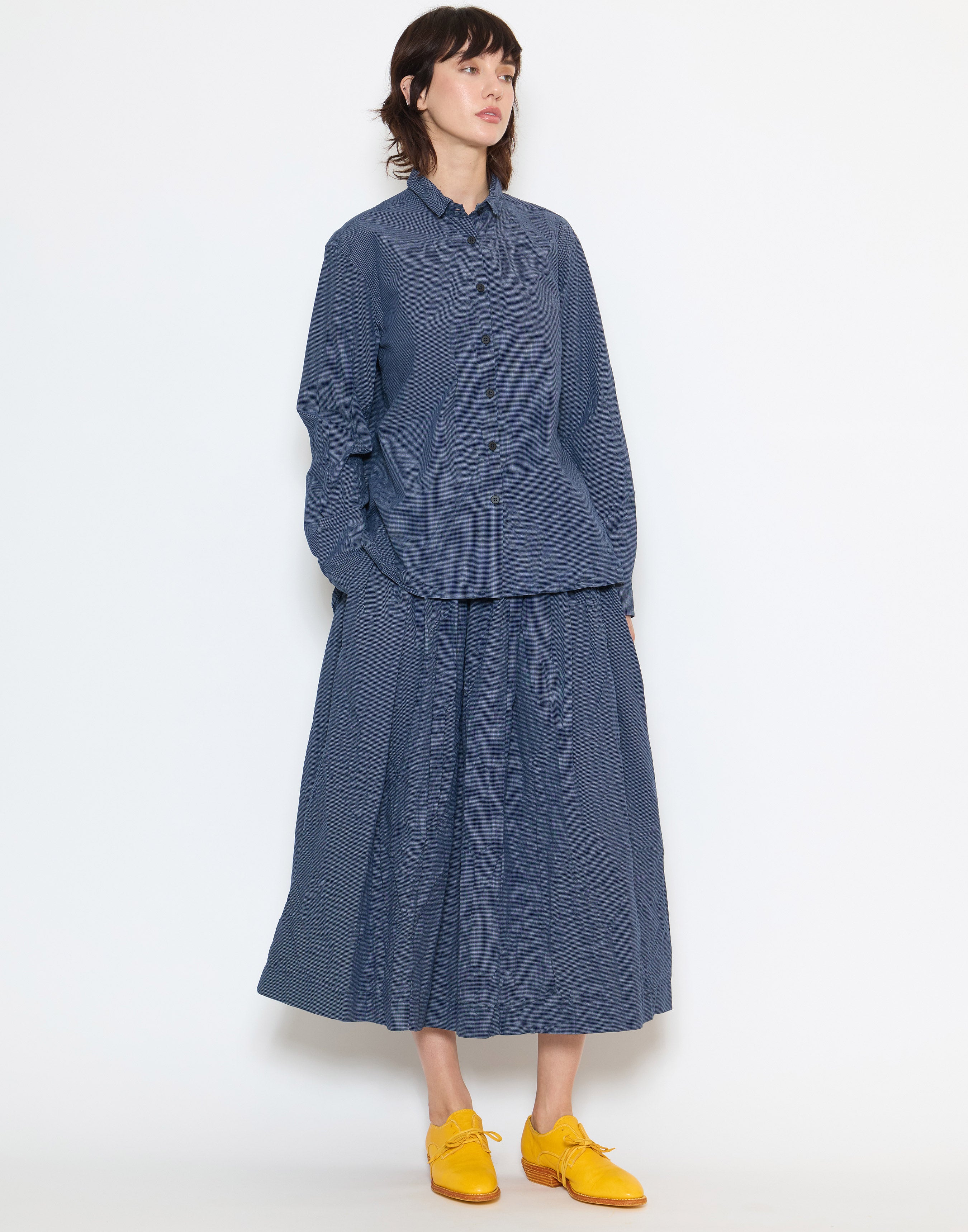 Navy Micro Check Cotton Loose Tyrol Shirt