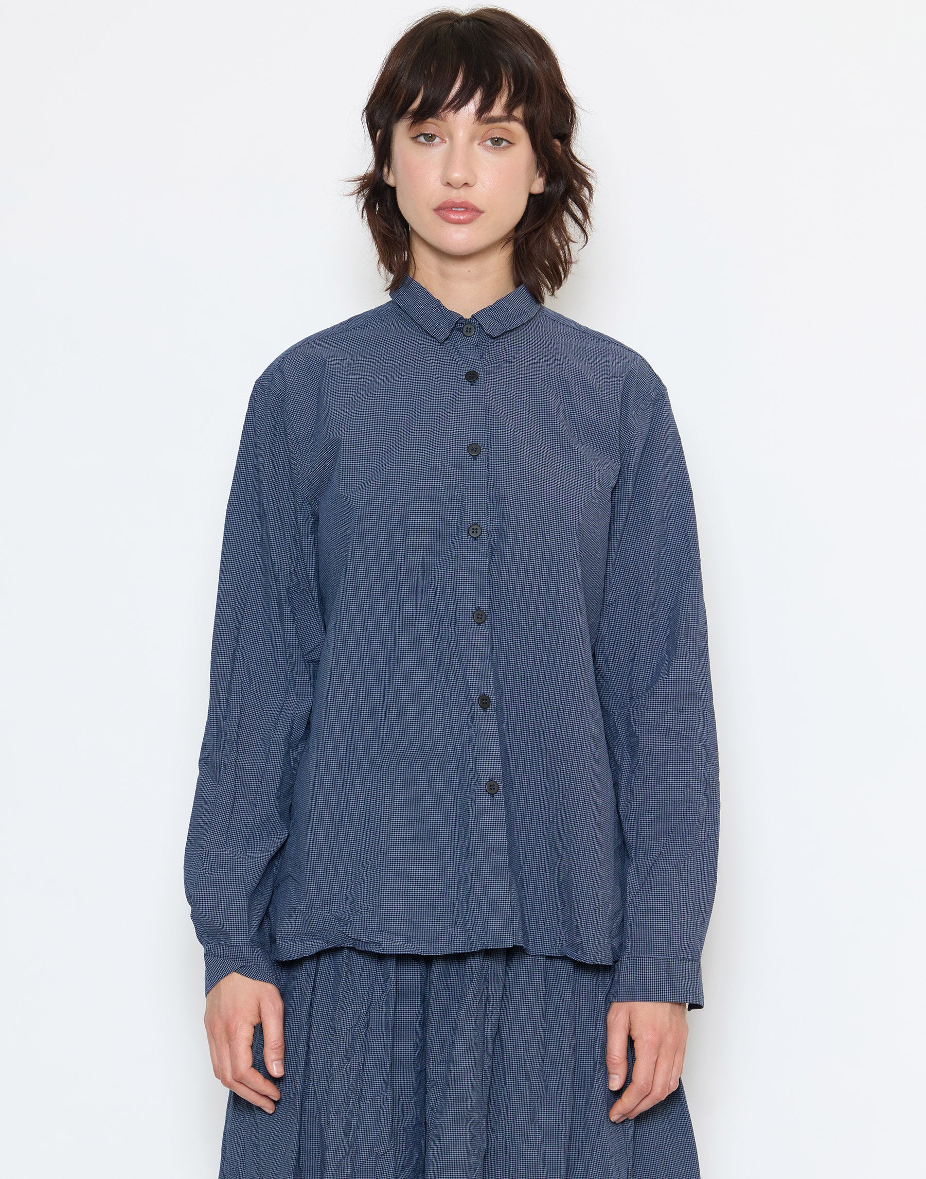 Navy Micro Check Cotton Loose Tyrol Shirt