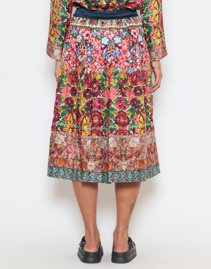 Floral Quilted Polyester Silk Blend Skirt