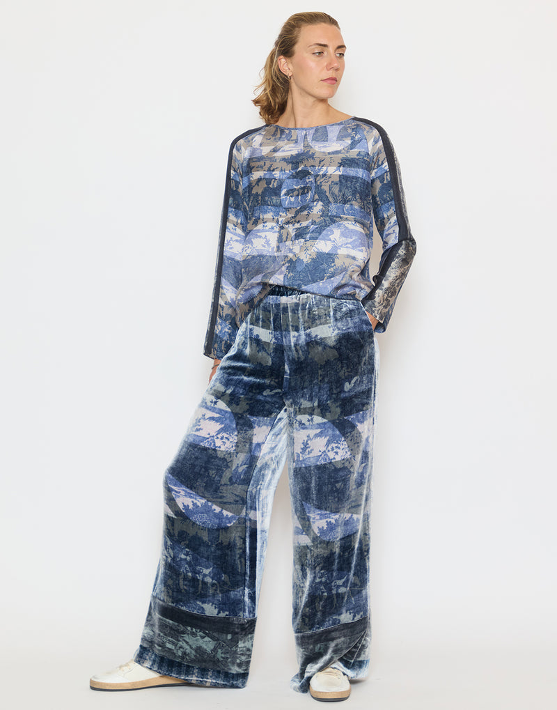 Blue Print Silk Long Sleeve Blouse
