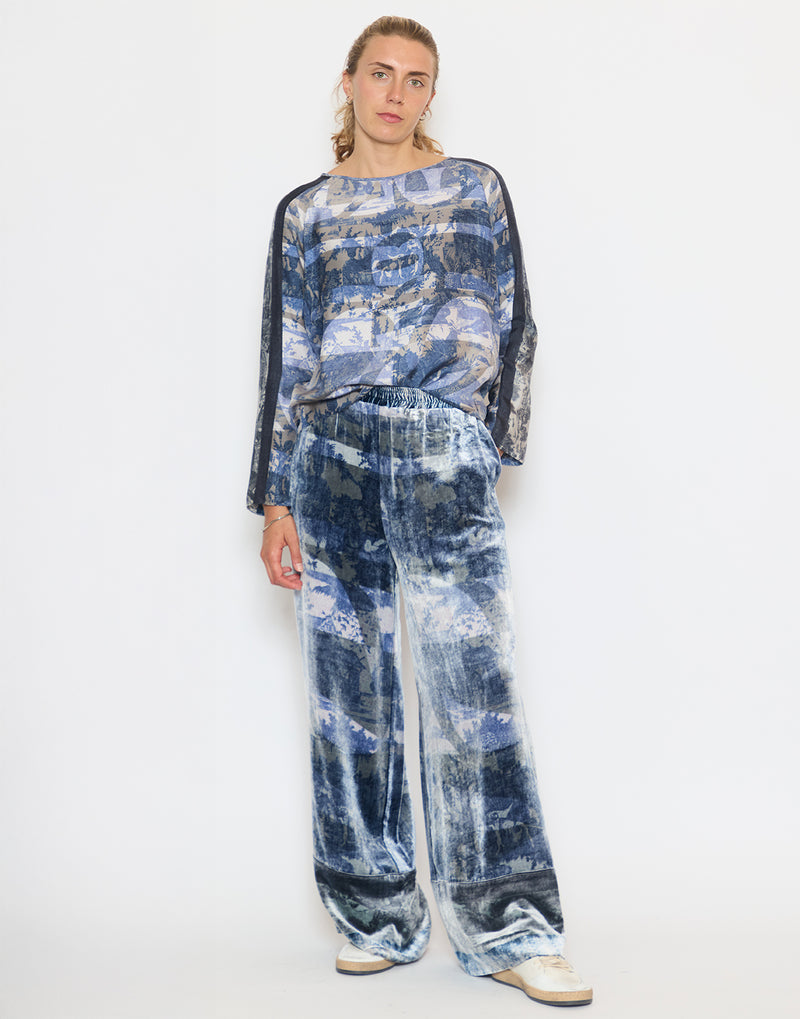 Blue Print Silk Long Sleeve Blouse