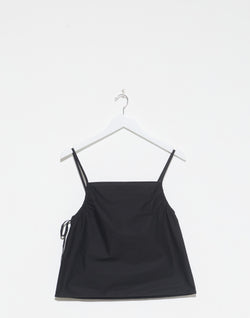 Black Cotton Poplin Gathered Strap Top