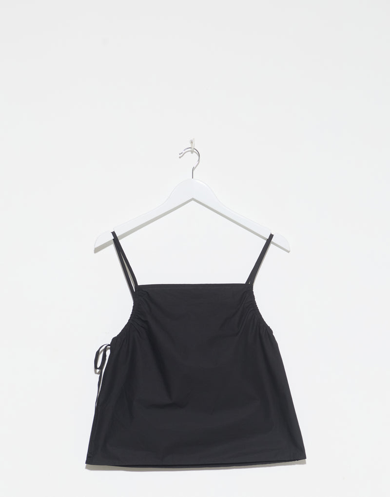 Black Cotton Poplin Gathered Strap Top