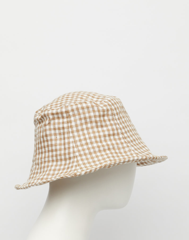 Tan & White Linen Gingham Himari Hat