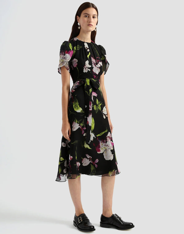 Evelyn Floral Print Silk Voile Belted Dress