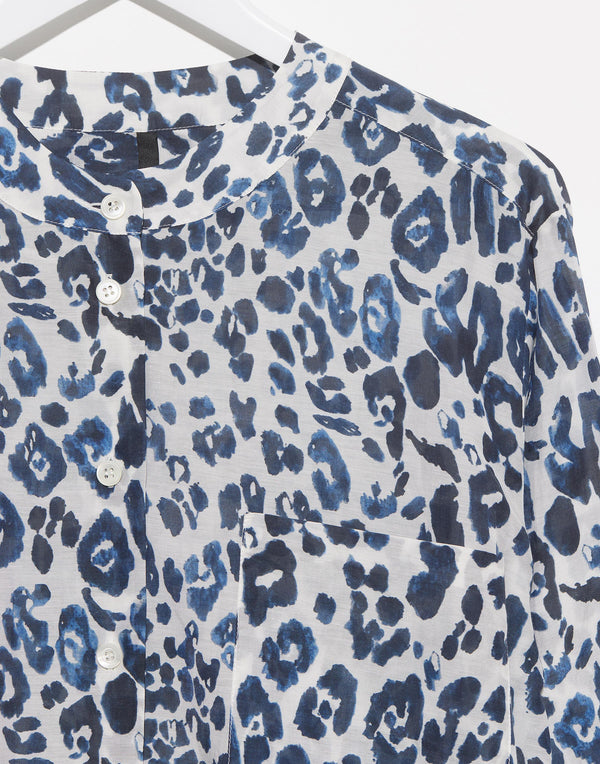 Blue Printed Cotton & Silk Oversize Shirt