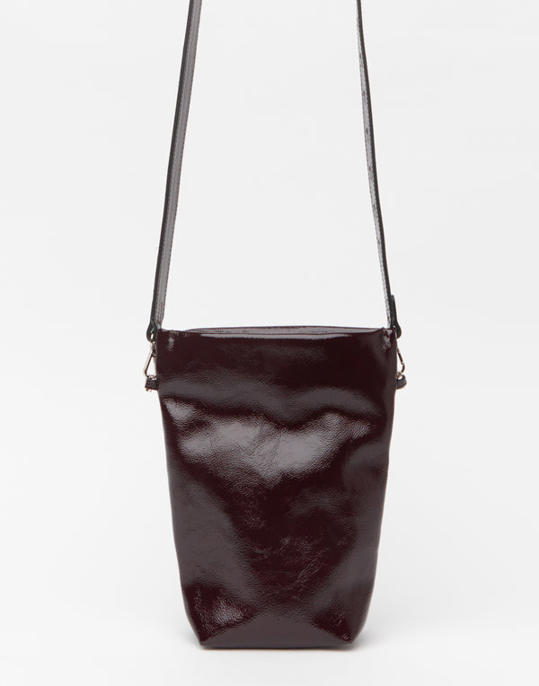 Cacao Patent Leather Cross Body Belt Bucket Bag