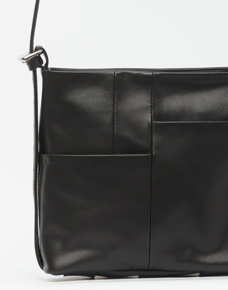 Small Black Leather Patch Parallel Bag